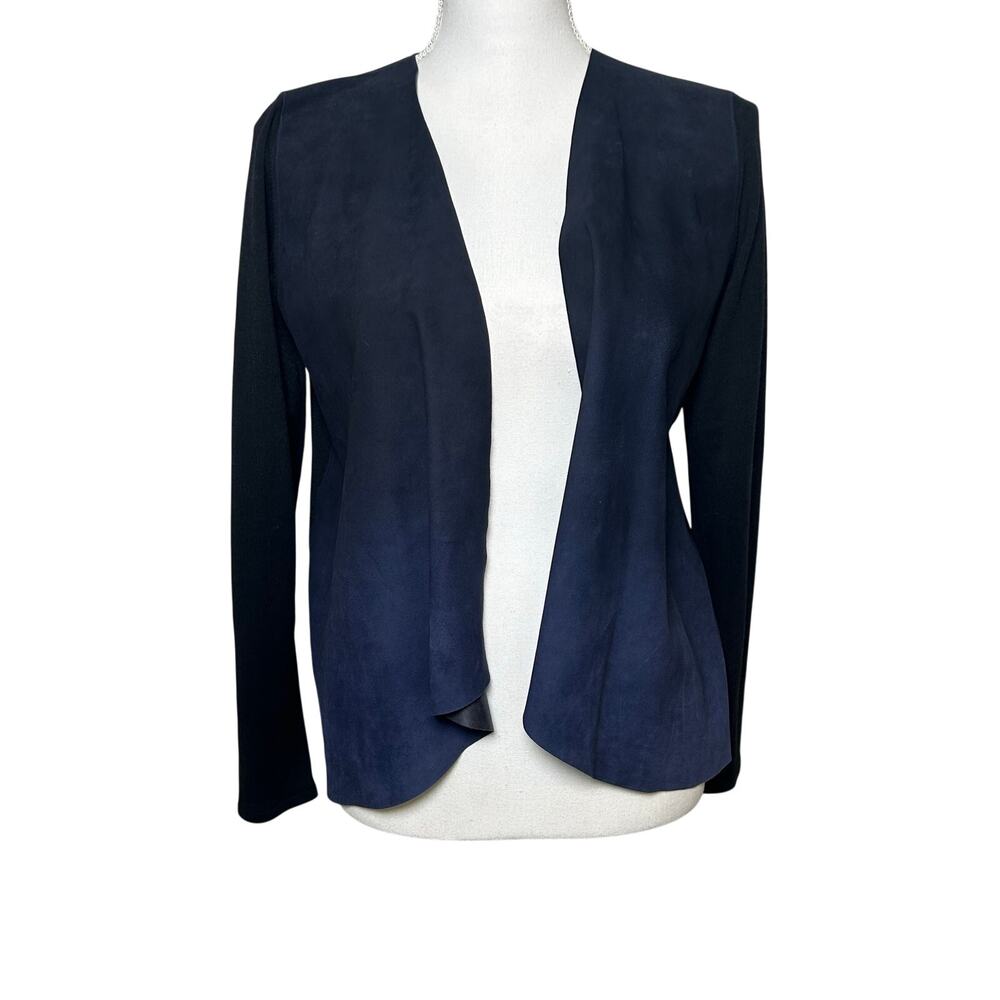 Elie Tahari wool & leather ombre navy and black open front waterfall jacket S